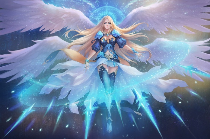 Angel with large white wings and blue magical energy