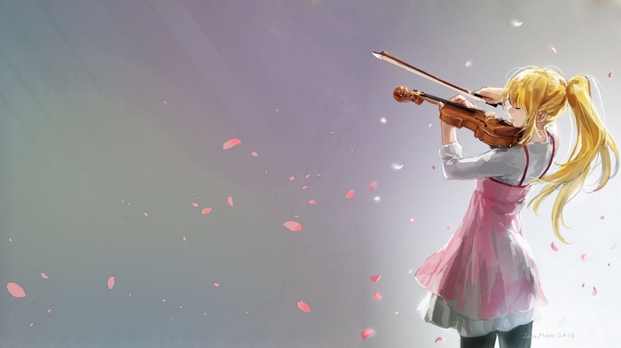 Miyazono Kaori playing the violin with petals falling