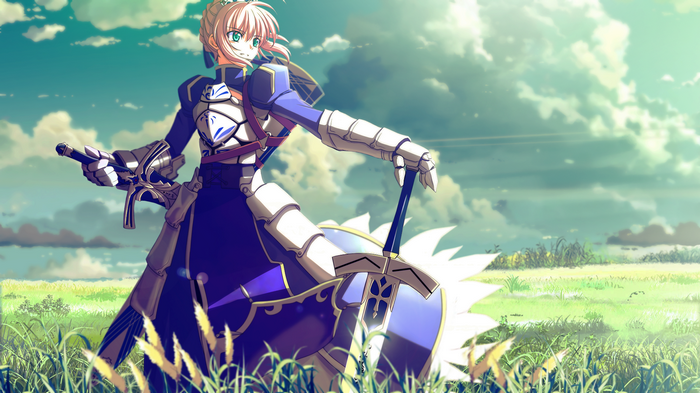Saber from Fate Series holding a sword in a field