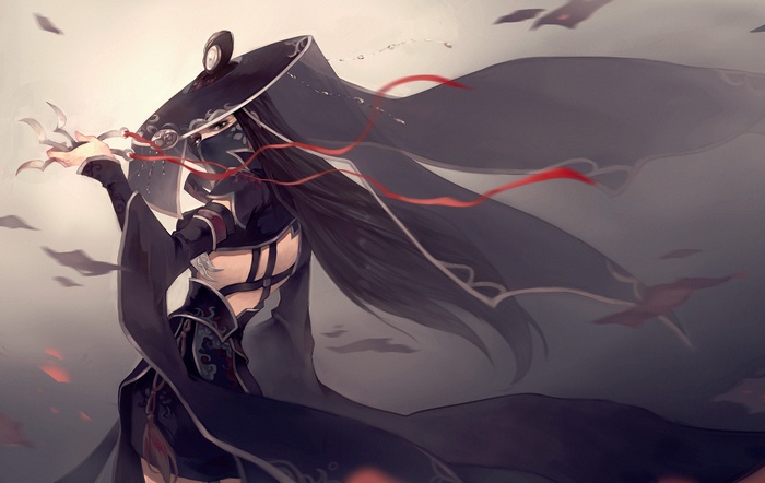 Anime girl in black outfit with hat and weapons
