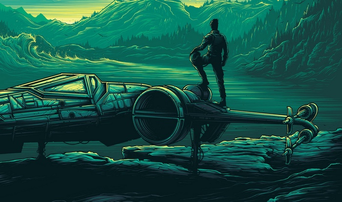 Star Wars X-wing pilot overlooking a cyan landscape