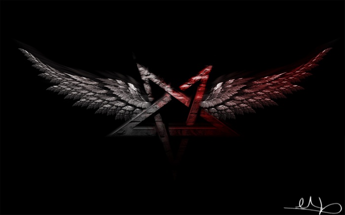 Pentagram with wings on black background