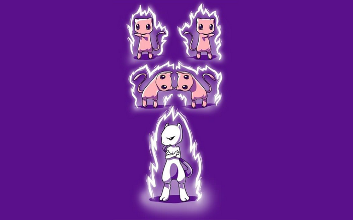 Mewtwo and Mews with glowing auras