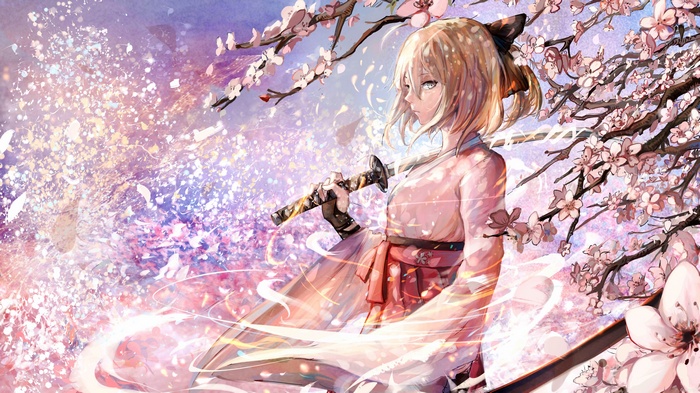 anime, miko, cherry blossom, FateGrand Order, katana, Fate Series, Sakura Saber, anime girls