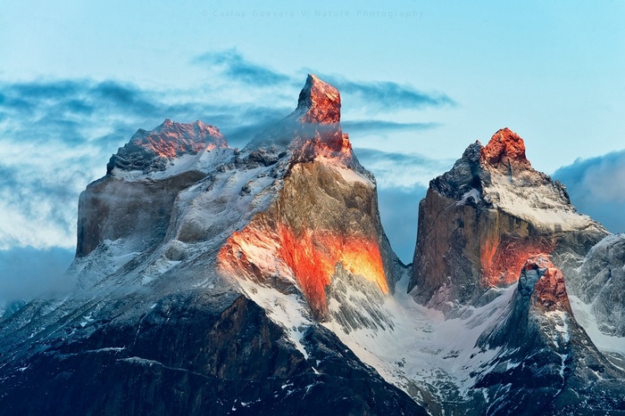 Torres del Paine mountains bathed in sunlight
