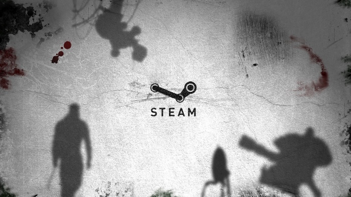 Steam logo with character shadows and blood splatters