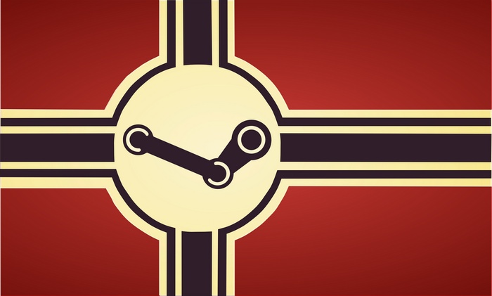 Steam logo on a red and gold background