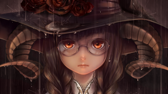 Anime girl with horns and glasses in the rain