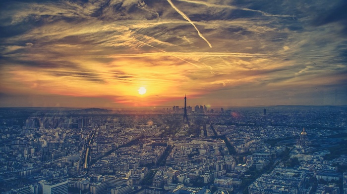 Paris cityscape at sunset with Eiffel Tower