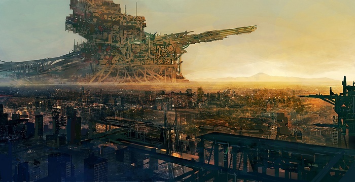 Anime cityscape with a massive mechanical structure