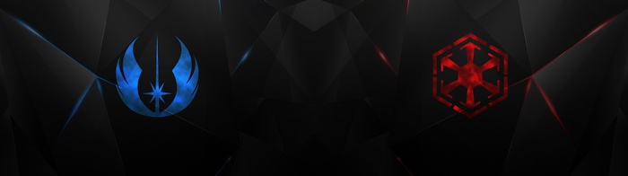 Star Wars Jedi and Sith symbols on a dark background
