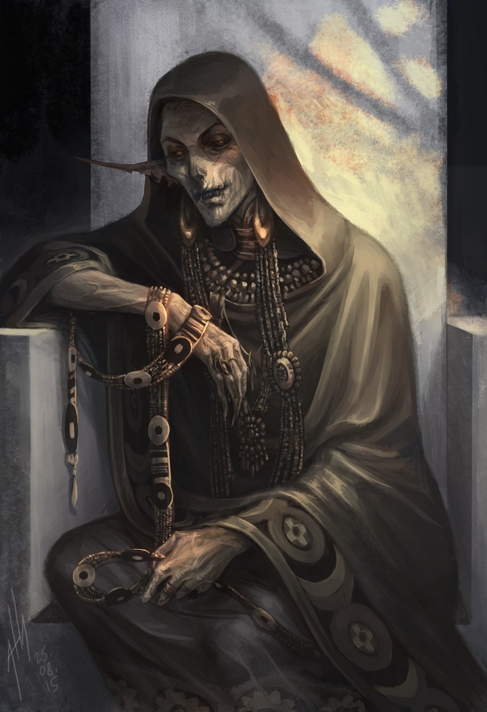 Fantasy art of an old, skeletal figure in robes