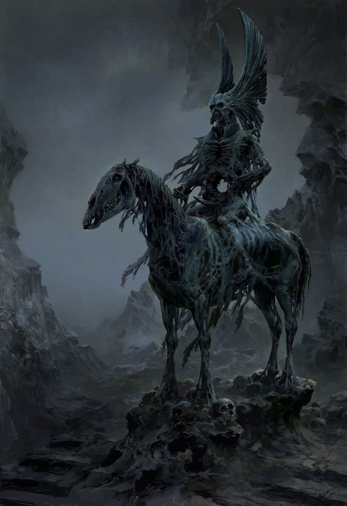 Skeleton rider on a dead horse in a desolate landscape