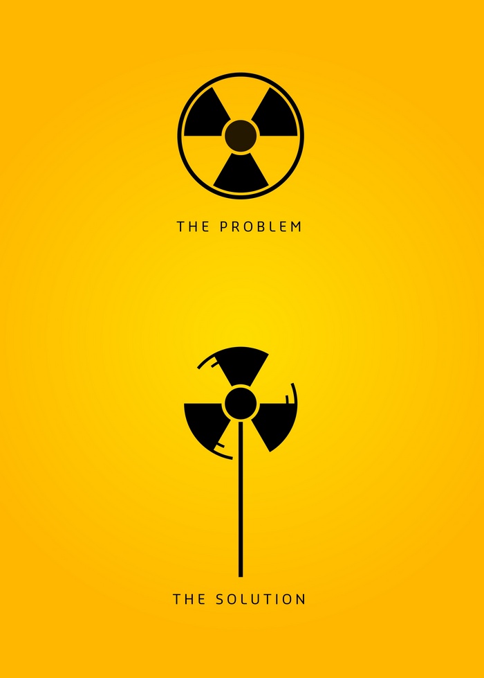 Radioactive symbol and wind turbine on yellow background