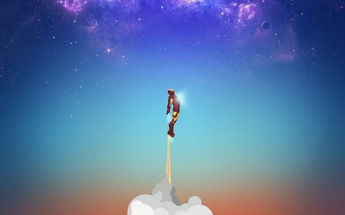 Iron Man flying through a starry sky