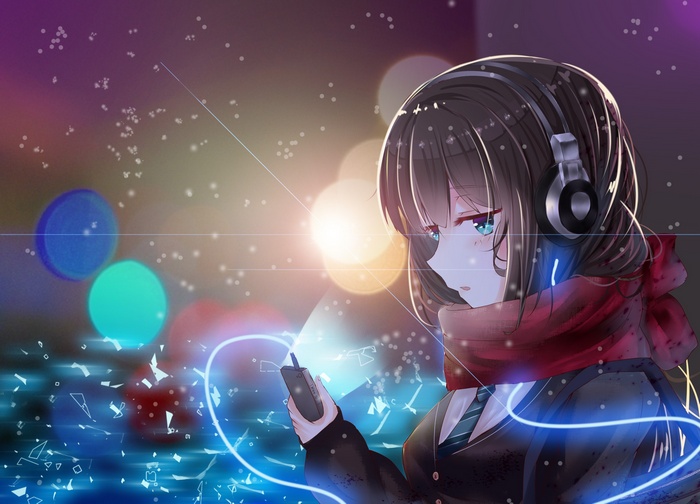 Shibuya Rin, anime girls, scarf, anime, headphones, THE iDOLM@STER: Cinderella Girls