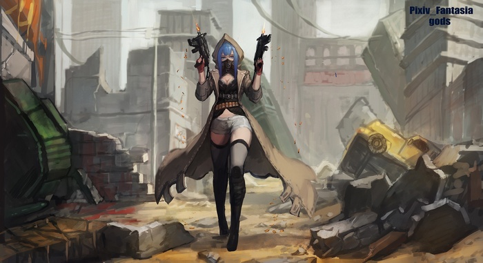 Anime girl with blue hair and guns in a ruined city
