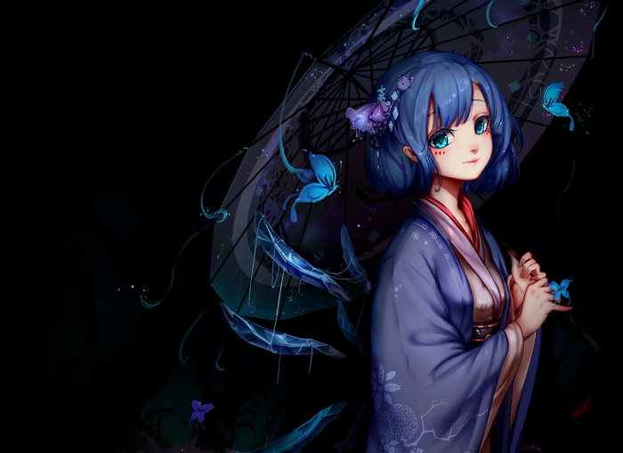Cirno with blue hair and umbrella in kimono
