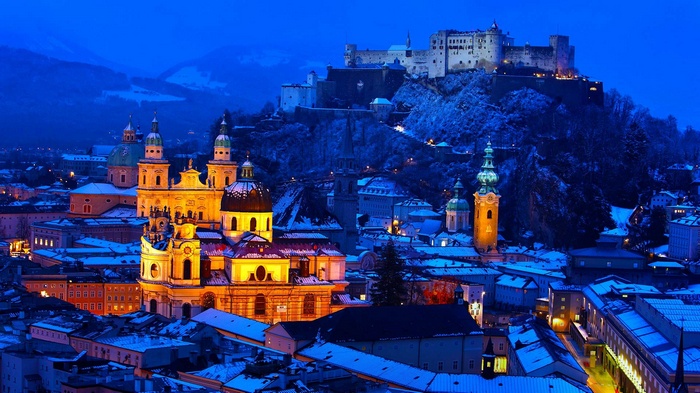 Salzburg Castle and Cathedral in winter evening