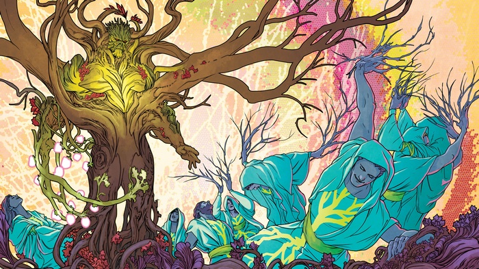 Swamp Thing and robed figures