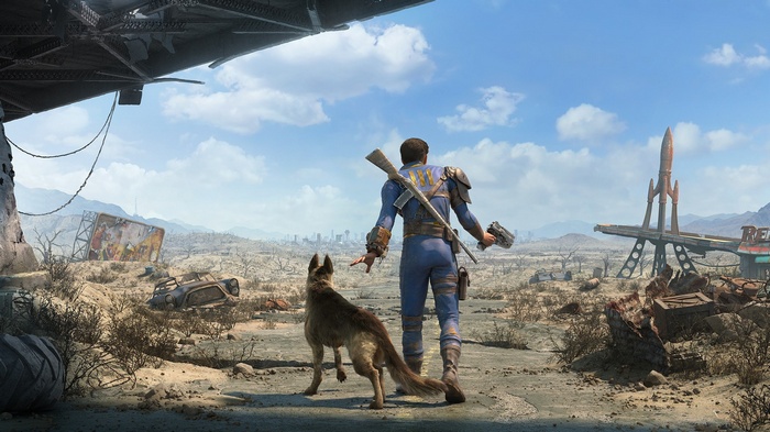 Fallout 4: Survivor and Dog in a Post-Apocalyptic Landscape