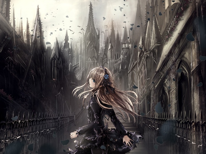 Anime girl in black dress in front of gothic buildings