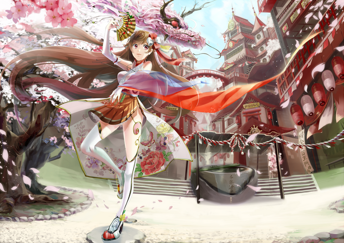 Anime girl with dragon and cherry blossoms