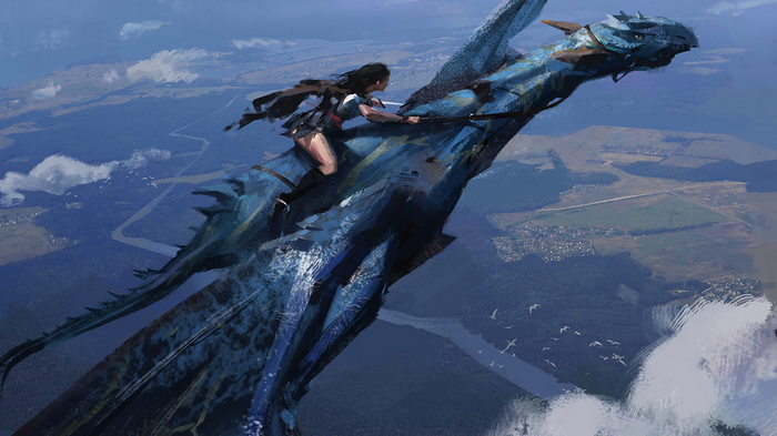 Warrior riding a blue dragon in an aerial view