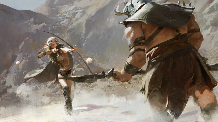 Elf archer fighting a large warrior in a desert landscape