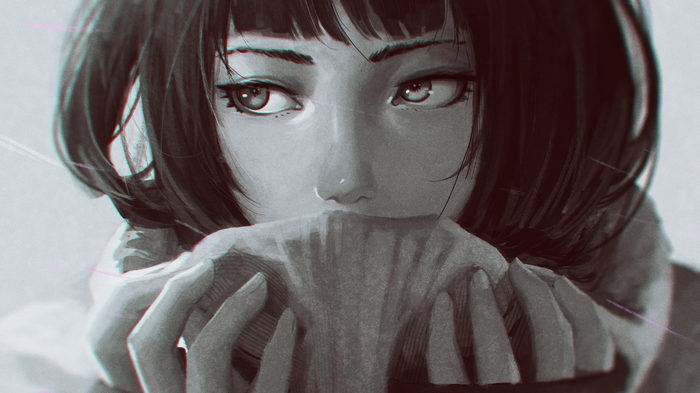 Monochrome portrait of a sad anime girl
