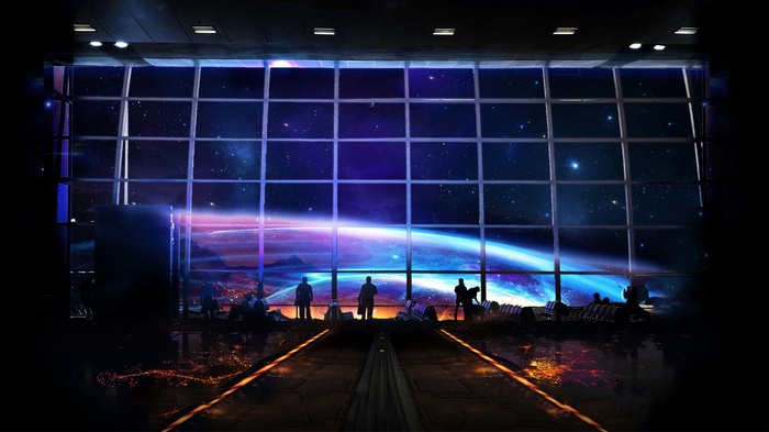 People looking out a window at a planet and stars