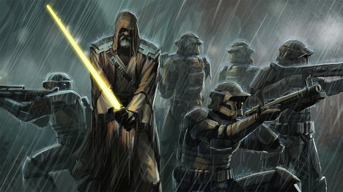 Jedi and soldiers in the rain