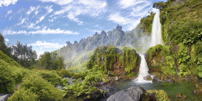 waterfall, shrubs, river, pond, forest, Chile, clouds, panoramas, hills, summer, trees, moss, national park, landscape, nature