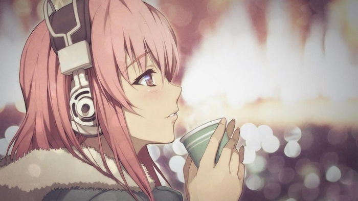 Super Sonico with Headphones Drinking from a Cup
