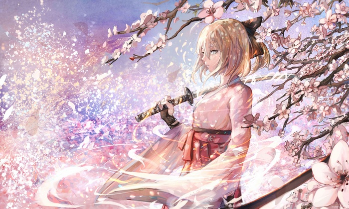 Sakura Saber with Katana among Cherry Blossoms