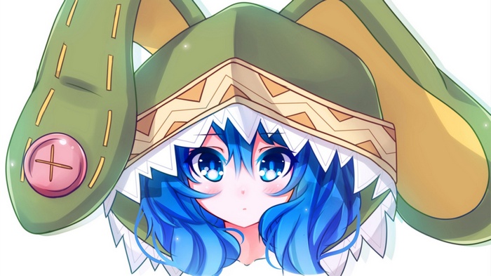 Yoshino from Date A Live wearing a green creature hat