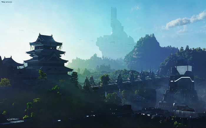 Futuristic city with traditional Japanese architecture