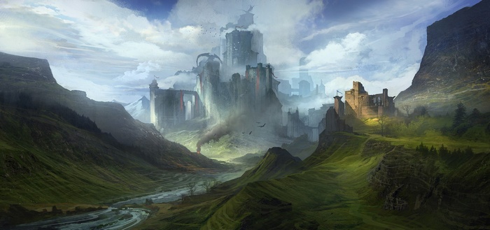 Fantasy castle ruins in a misty valley