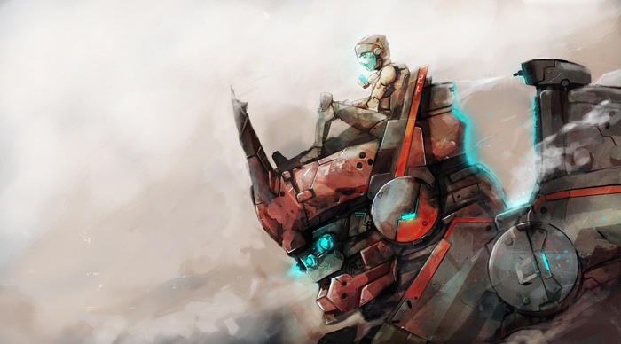 Robot pilot sitting on a giant robot's head