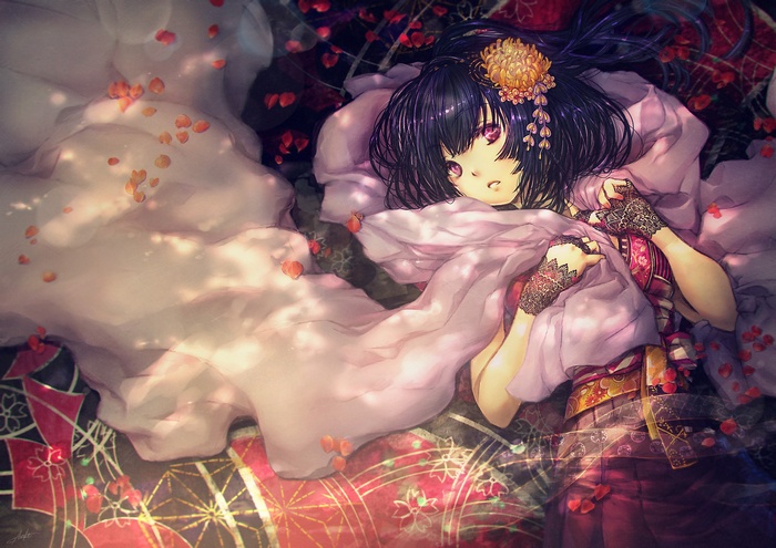 Anime girl with black hair and flower in hair