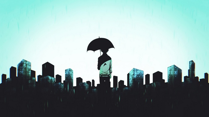 Kaneki Ken with umbrella in a rainy city