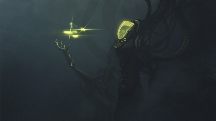 Sci-fi character with glowing lights and tentacles