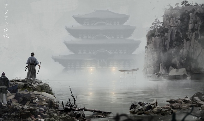 Samurai warriors stand on a rocky shore overlooking a misty temple.