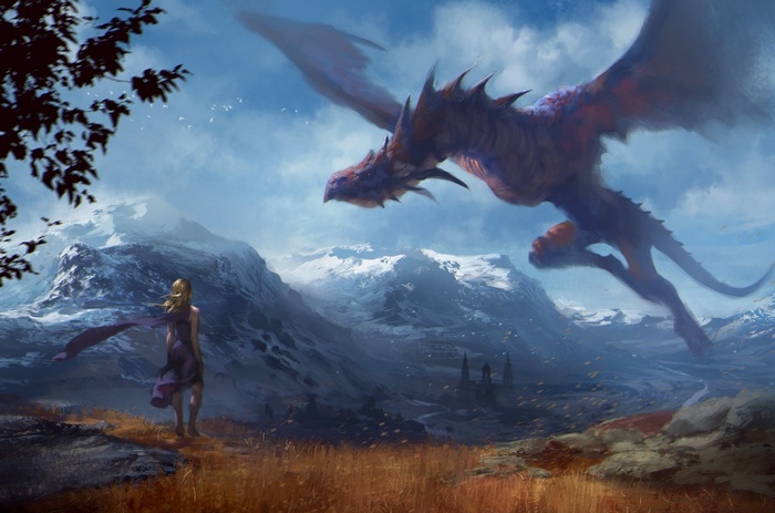 Dragon flying over a girl and mountains