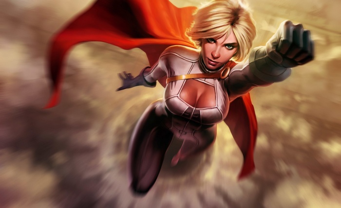Power Girl flying with a red cape
