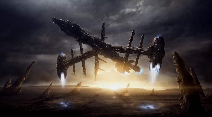 Alien spaceship hovering over a desolate landscape