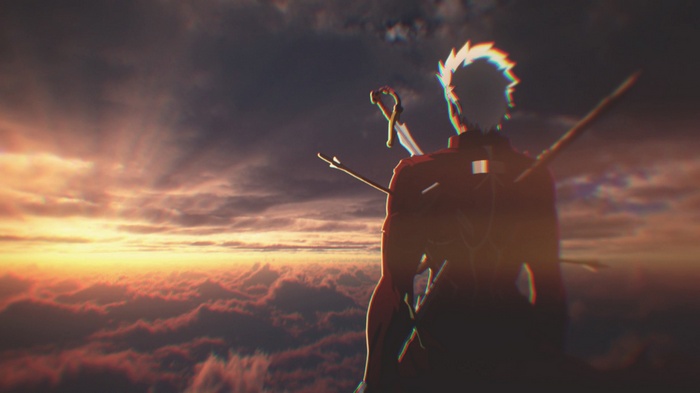 Archer from Fate/Zero with swords in the sky
