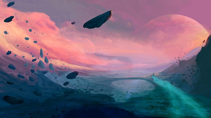 Floating rocks in a colorful alien landscape