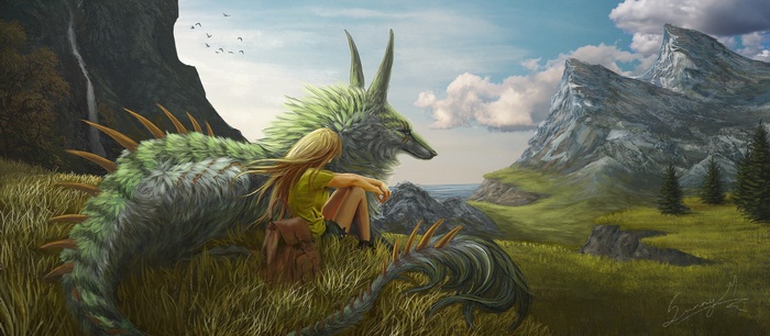 Girl and green dragon in a grassy mountain landscape
