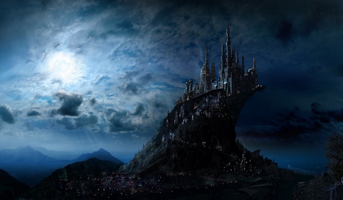 Fantasy castle on a mountain under a cloudy sky